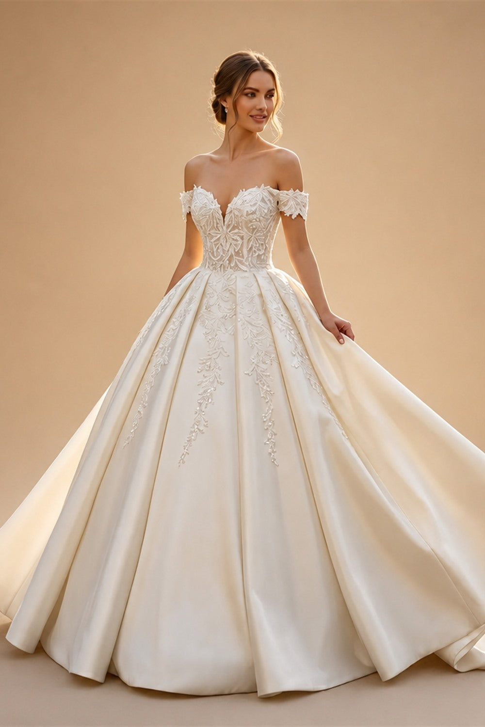 Luxury White Off-the-Shoulder Lace Satin Ball Gown Wedding Dress ZP069