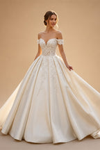 Luxury White Off-the-Shoulder Lace Satin Ball Gown Wedding Dress ZP069