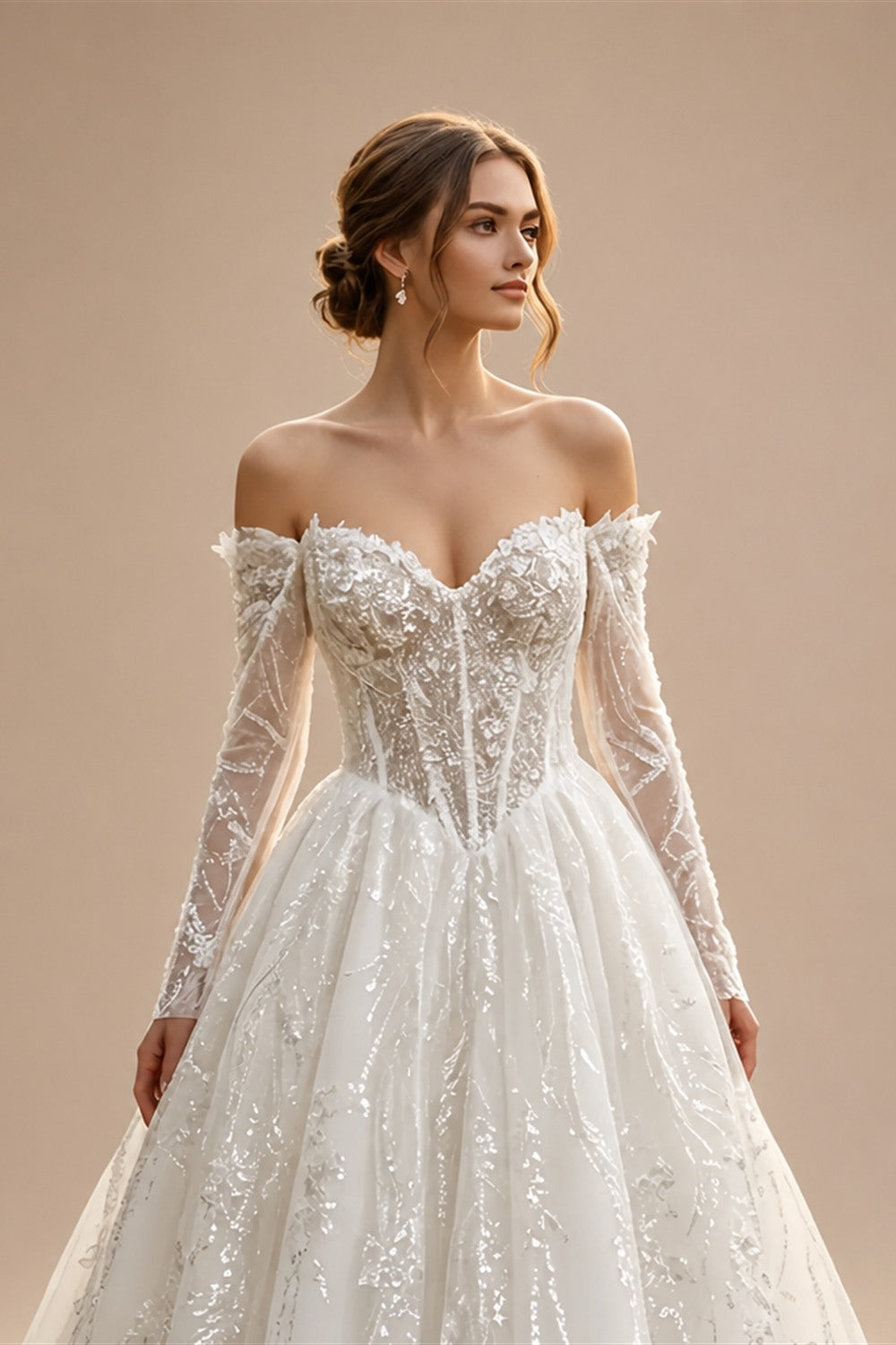 Luxury White Off-the-Shoulder Long Sleeve Lace Tulle Ball Gown Wedding Dress ZP068