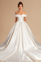 Off the Shoulder White Satin Ball Gown Flower Girl Dress with Long Cathedral Train ZP017