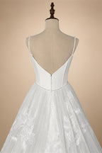 Elegant White Spaghetti Strap Satin Bodice Lace Tulle Wedding Dress with Train ZP065