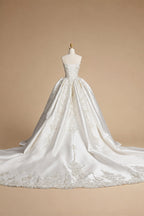 White Satin Strapless Ball Gown Wedding Dress with Luxurious Beaded Lace and Cathedral Train ZP016