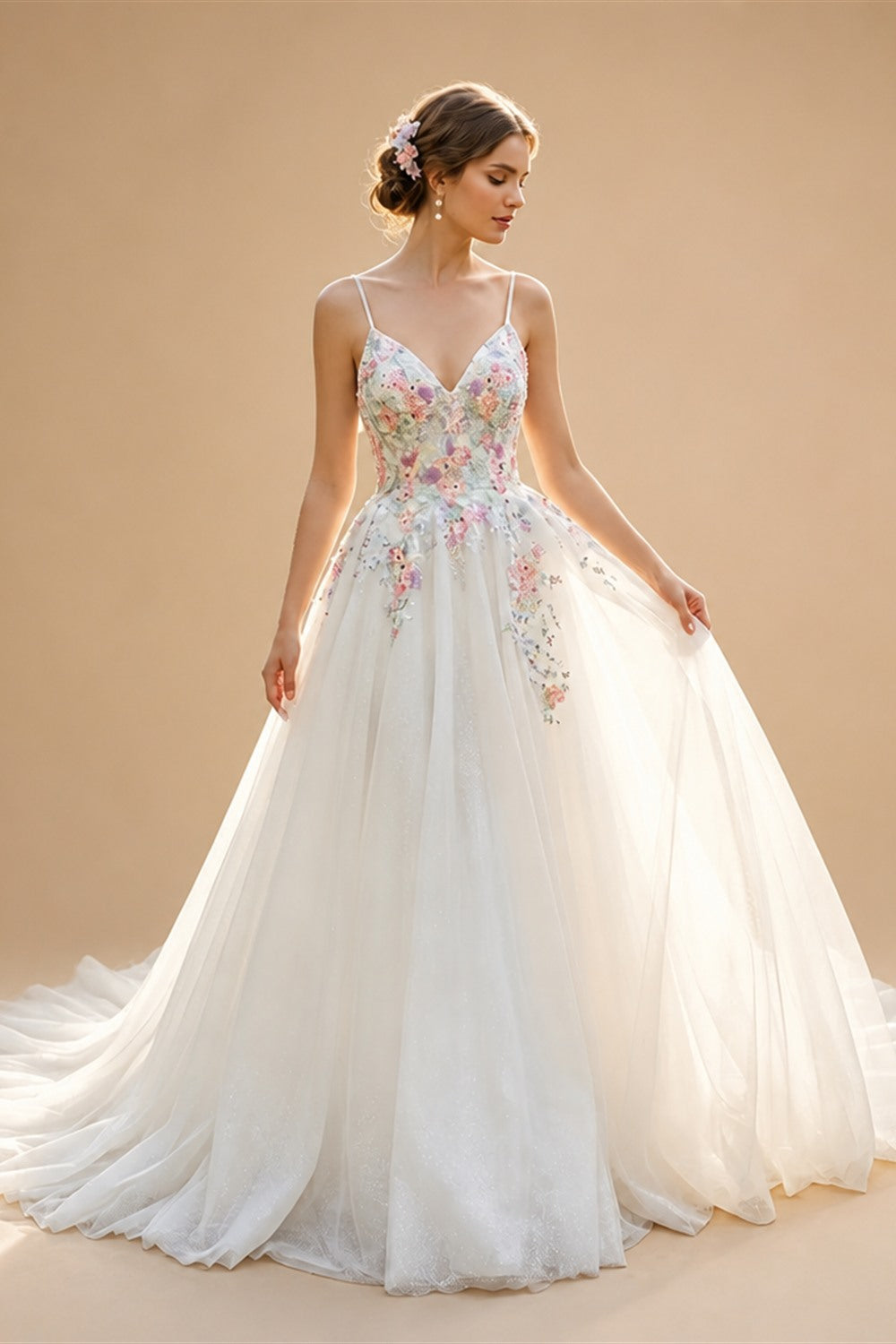Glamorous White Floral Applique A-Line Tulle Wedding Dress with Train ZP066