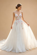 Glamorous White Floral Applique A-Line Tulle Wedding Dress with Train ZP066