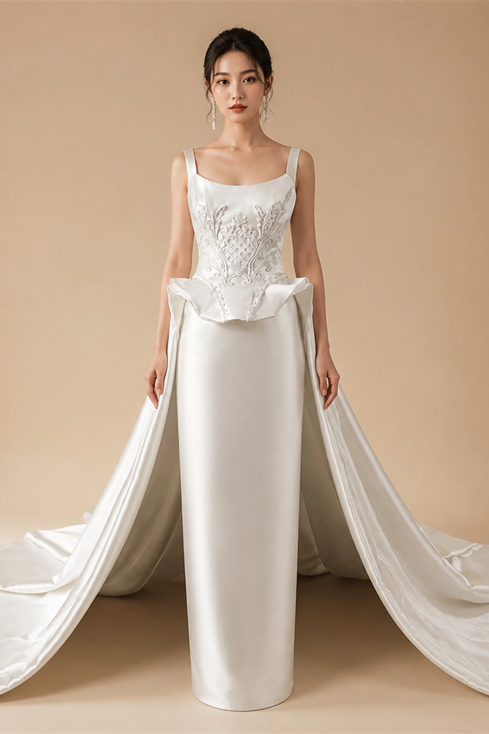 Luxury White Satin Strapless Beaded Ball Gown Train Wedding Dress ZP152