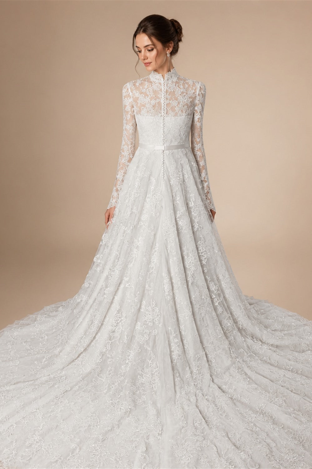 Elegant Printed Lace High Neck Wedding Dress with Train ZP171