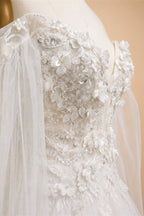 White  Off‑The‑Shoulder Puff Sleeve 3D Floral Mermaid Wedding Dress ZP005