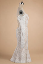 Bohemian Ivory Off-the-Shoulder Sheer Lace Mermaid Wedding Dress with Veil ZP128