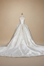 White Satin Strapless Ball Gown Wedding Dress with Luxurious Beaded Lace and Cathedral Train ZP016