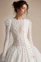 White Lace and Tulle Ball Gown Wedding Dress Off the Shoulder Beaded Bridal Dress ZP013