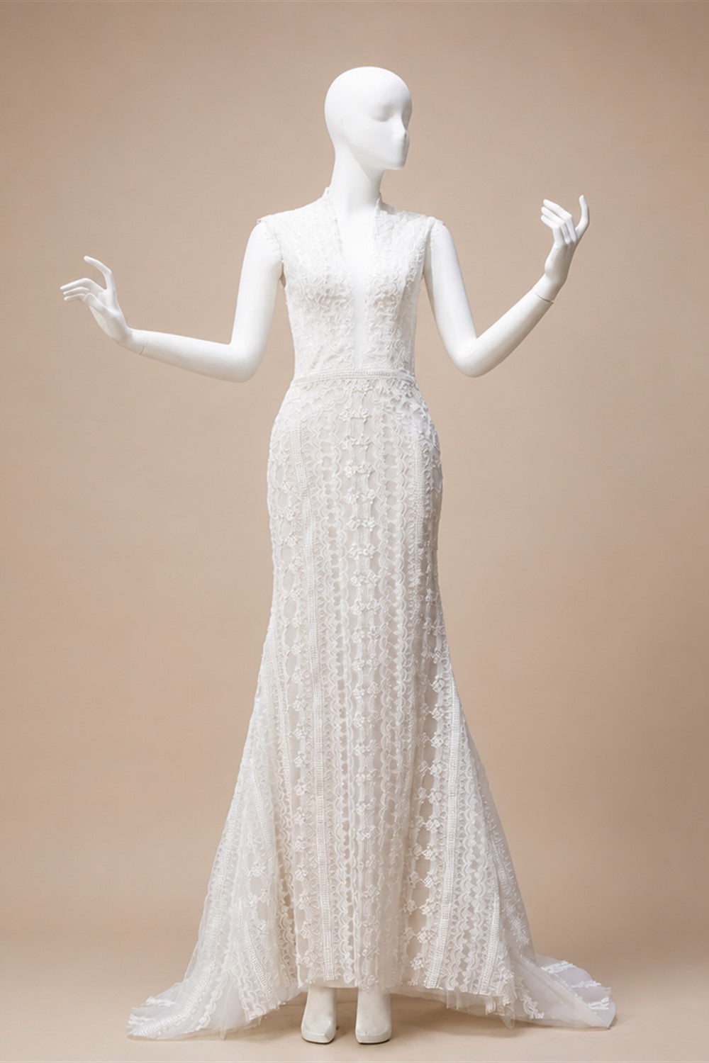 Elegant Ivory High Neck Sheer Lace Long Sleeves Mermaid Wedding Dress with Veil ZP085