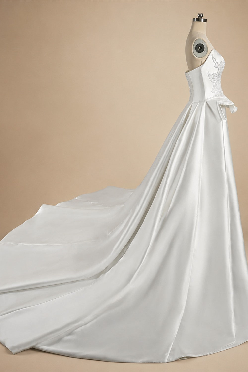Luxury White Satin Strapless Beaded Ball Gown Train Wedding Dress ZP152