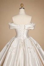 Off the Shoulder White Satin Ball Gown Flower Girl Dress with Long Cathedral Train ZP017