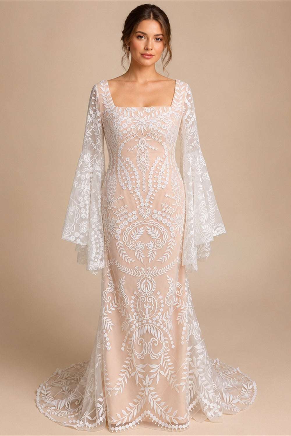 Boho Long Batwing Sleeves Lace Wedding Dress Drop Ship Customized Mermaid Rustic Beach 2026 Square Neck Open Back Bridal Gowns
