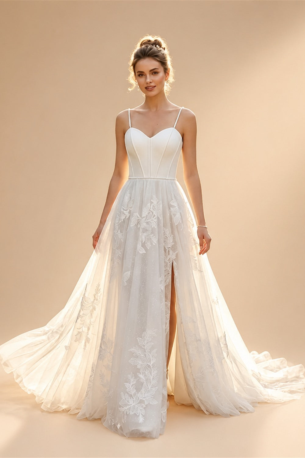 Elegant White Spaghetti Strap Satin Bodice Lace Tulle Wedding Dress with Train ZP065