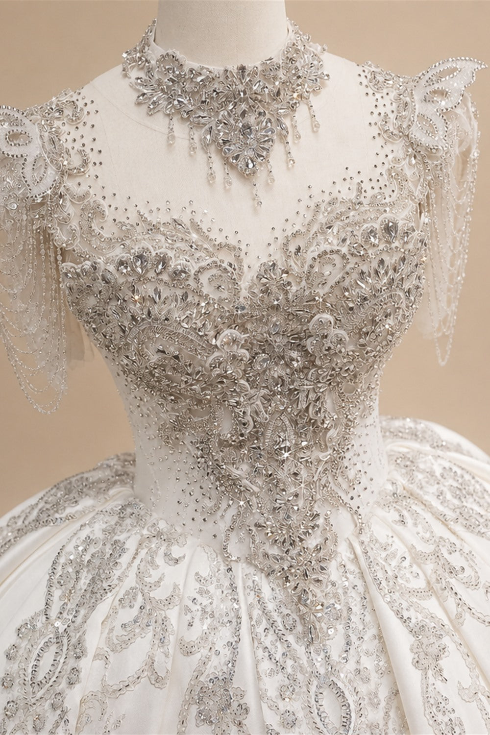 Luxury Satin Ivory Ball Gown with Silver Floral Embroidery Wedding Dress ZP165