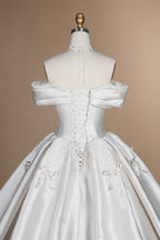 Off the Shoulder White Satin Ball Gown Flower Girl Dress with Long Cathedral Train ZP017