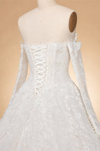 White Floral Lace Ball Gown Wedding Dress with Sweetheart Neckline and Detachable Long Sleeves ZP015