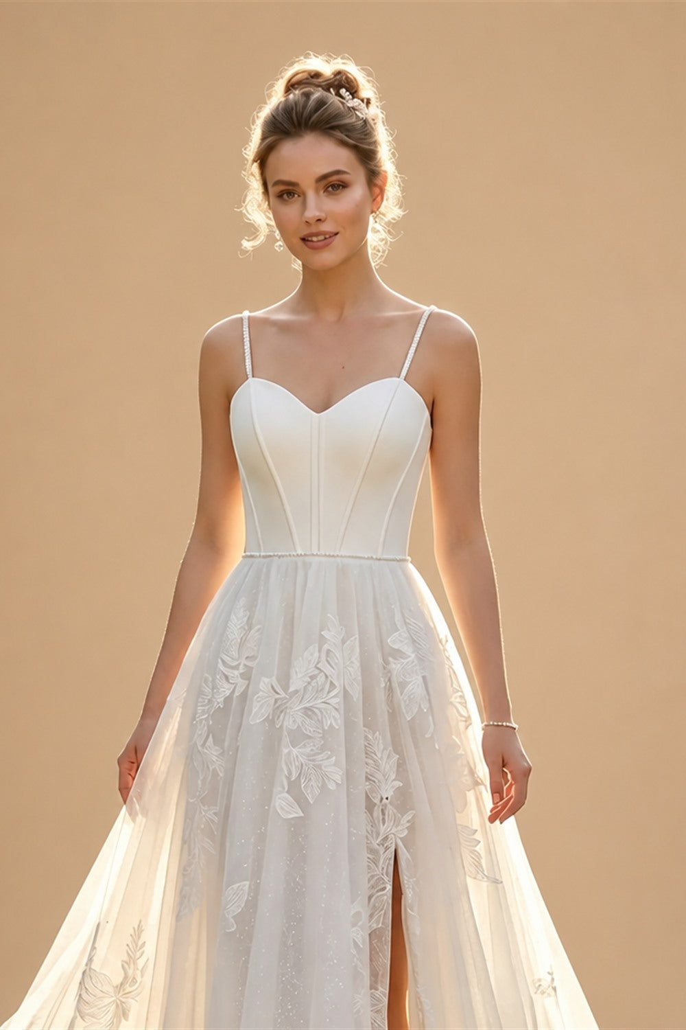 Elegant White Spaghetti Strap Satin Bodice Lace Tulle Wedding Dress with Train ZP065