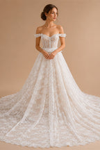 Opulent Ivory Off-the-Shoulder Beaded Lace Tulle Ball Gown Wedding Dress ZP127