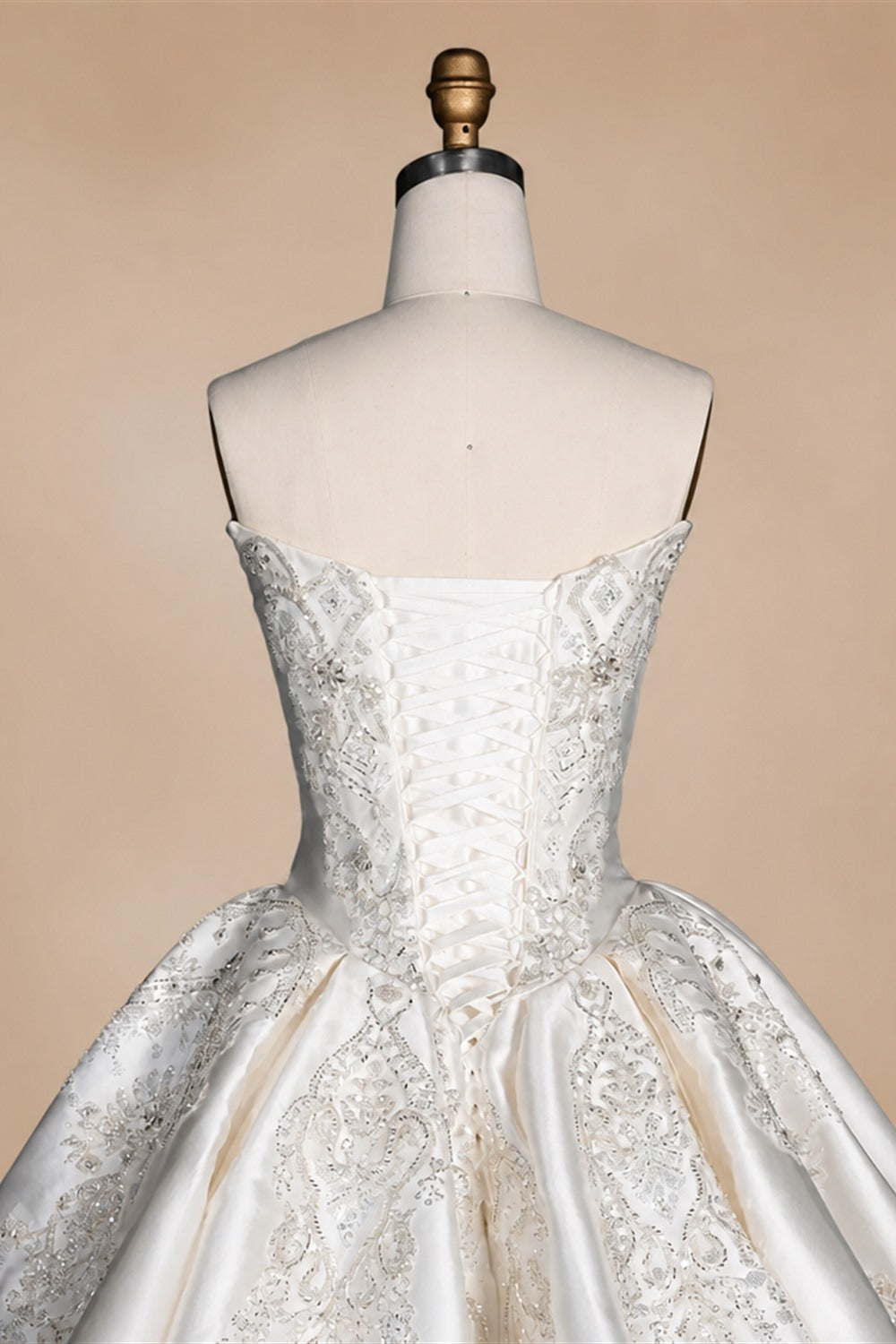 White Satin Strapless Ball Gown Wedding Dress with Luxurious Beaded Lace and Cathedral Train ZP016