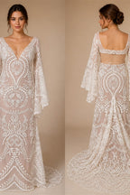 Boho Long Batwing Sleeves Lace Wedding Dress Drop Ship Customized Mermaid Rustic Beach 2026 Square Neck Open Back Bridal Gowns