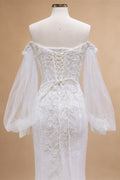 White  Off‑The‑Shoulder Puff Sleeve 3D Floral Mermaid Wedding Dress ZP005