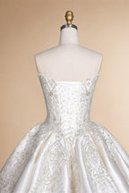 White Satin Strapless Ball Gown Wedding Dress with Luxurious Beaded Lace and Cathedral Train ZP016