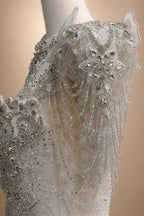 Luxury Satin Ivory Ball Gown with Silver Floral Embroidery Wedding Dress ZP165