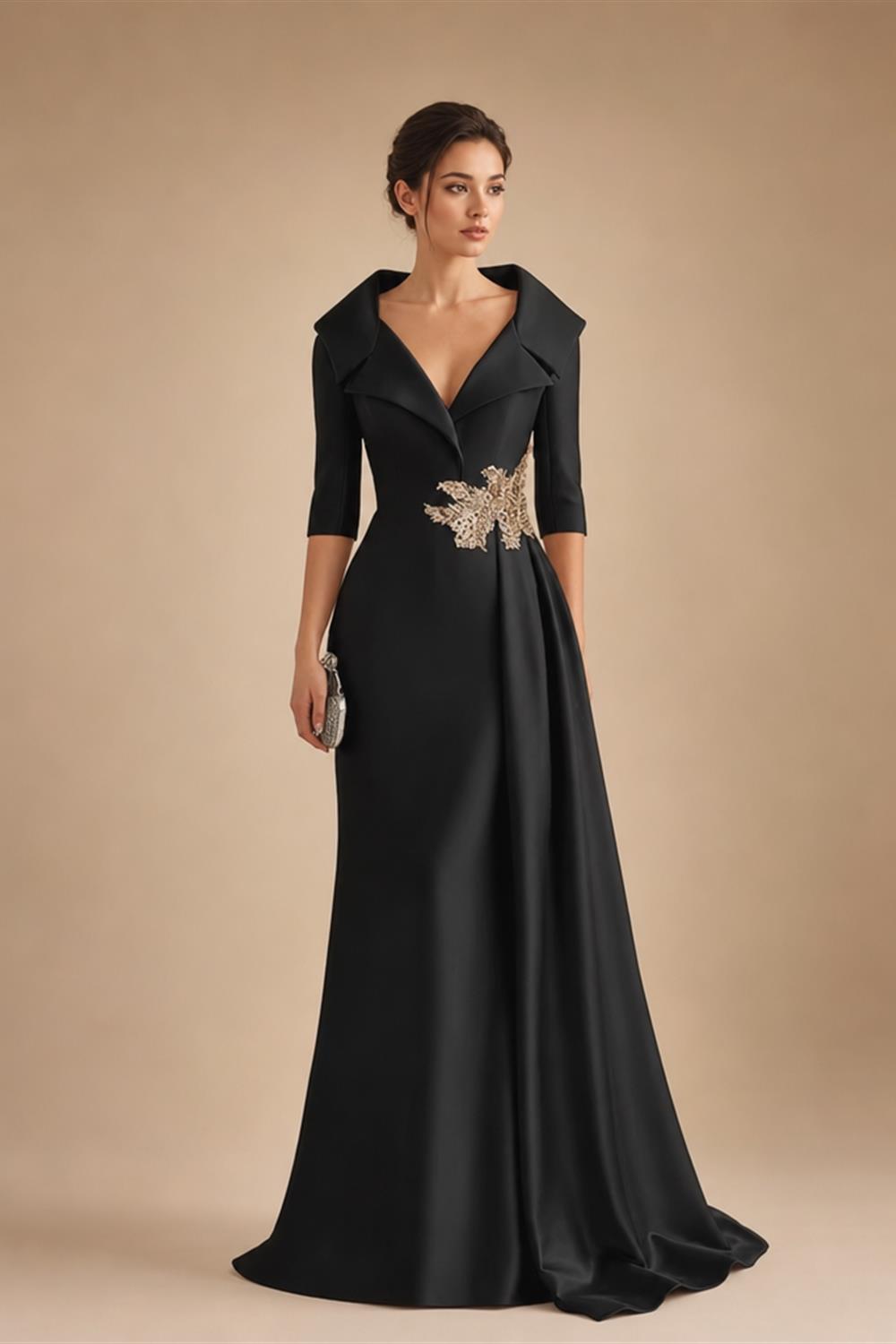 A-Line Satin V-Neck 3/4 Sleeve Mother of the Bride Dresses Floor-Length Ball Gown with Applique (SHI22500294)