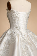 White Satin Strapless Ball Gown Wedding Dress with Luxurious Beaded Lace and Cathedral Train ZP016