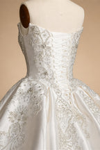 White Satin Strapless Ball Gown Wedding Dress with Luxurious Beaded Lace and Cathedral Train ZP016