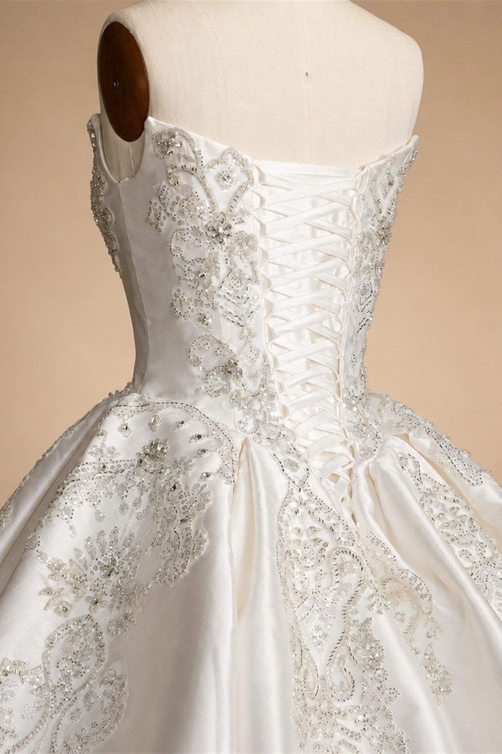 White Satin Strapless Ball Gown Wedding Dress with Luxurious Beaded Lace and Cathedral Train ZP016