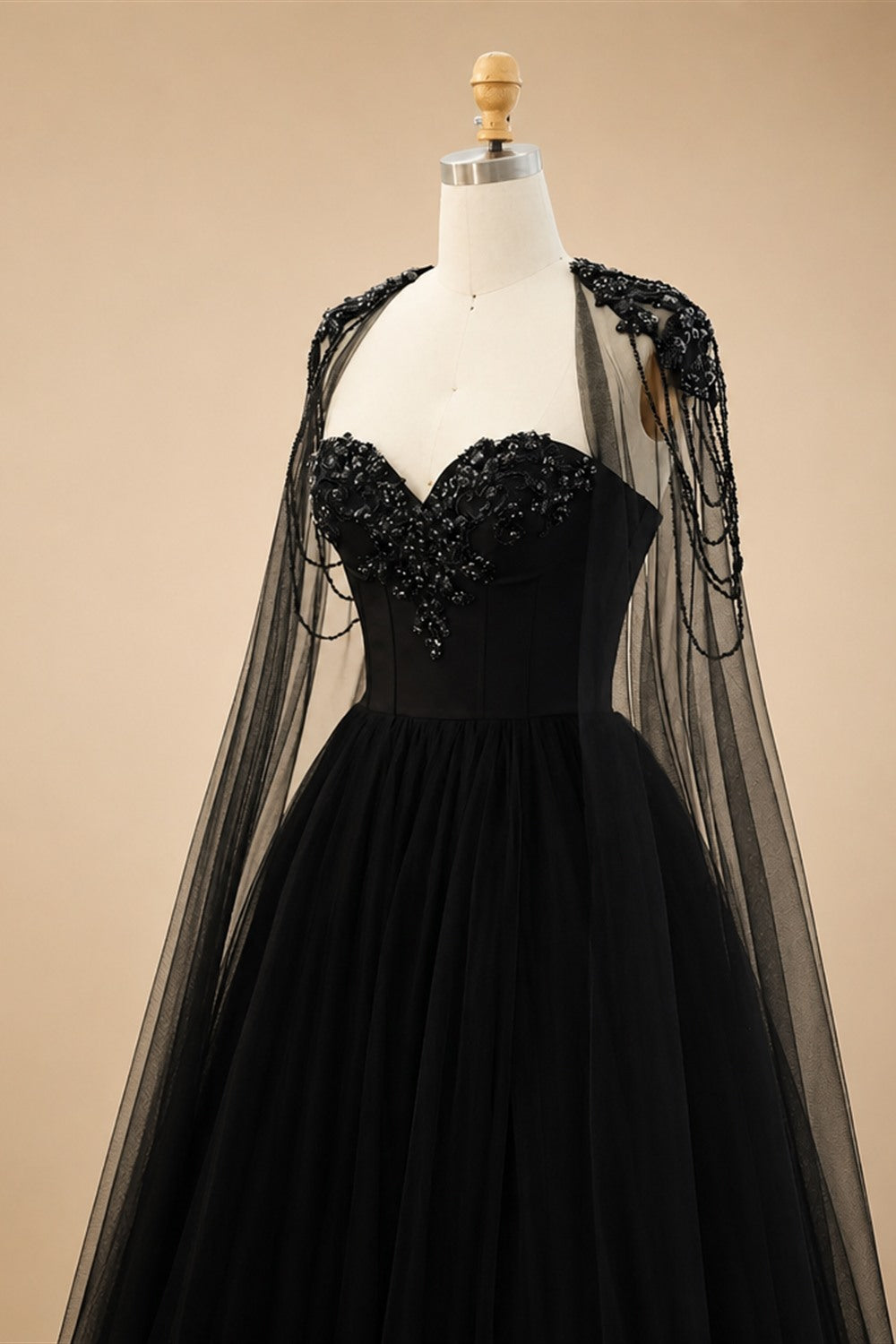 Black Luxury Gothic  Wedding Dress Beaded Tulle Ball Gown With Sheer Beaded Cape ZP028