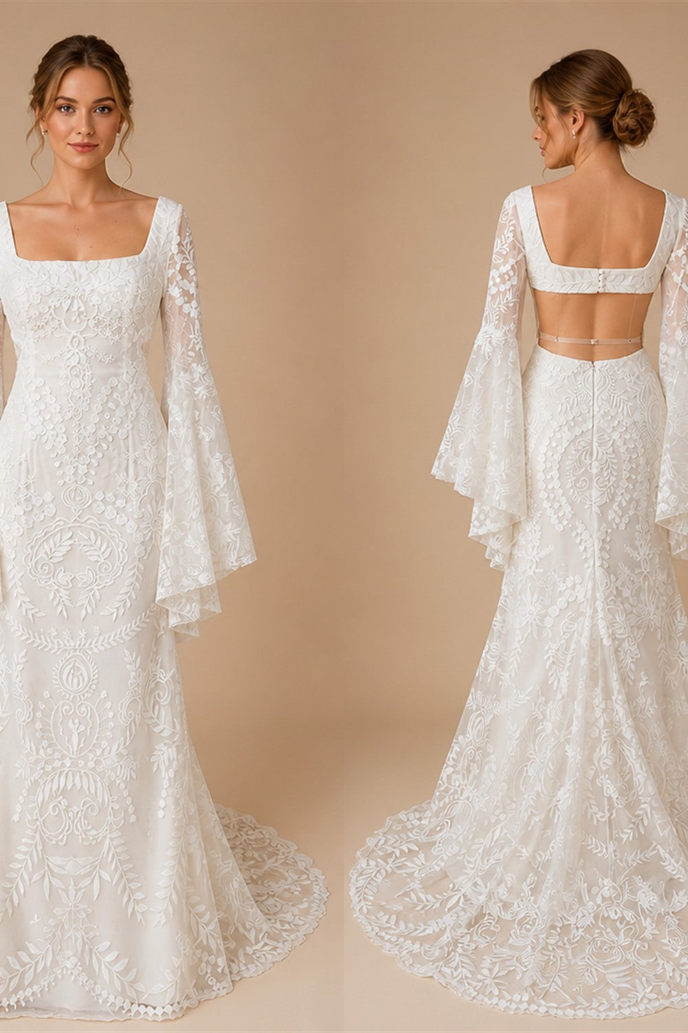 Boho Long Batwing Sleeves Lace Wedding Dress Drop Ship Customized Mermaid Rustic Beach 2026 Square Neck Open Back Bridal Gowns