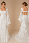 Boho Long Batwing Sleeves Lace Wedding Dress Drop Ship Customized Mermaid Rustic Beach 2026 Square Neck Open Back Bridal Gowns