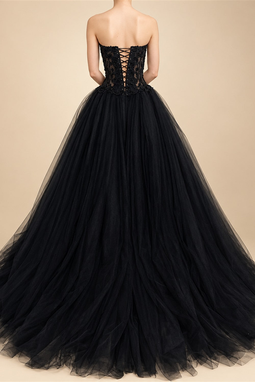 Black Lace Heavy Gothic Beading Wedding Dress Ballgown Corset Closure  ZP202