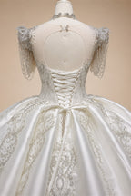 Luxury Satin Ivory Ball Gown with Silver Floral Embroidery Wedding Dress ZP165