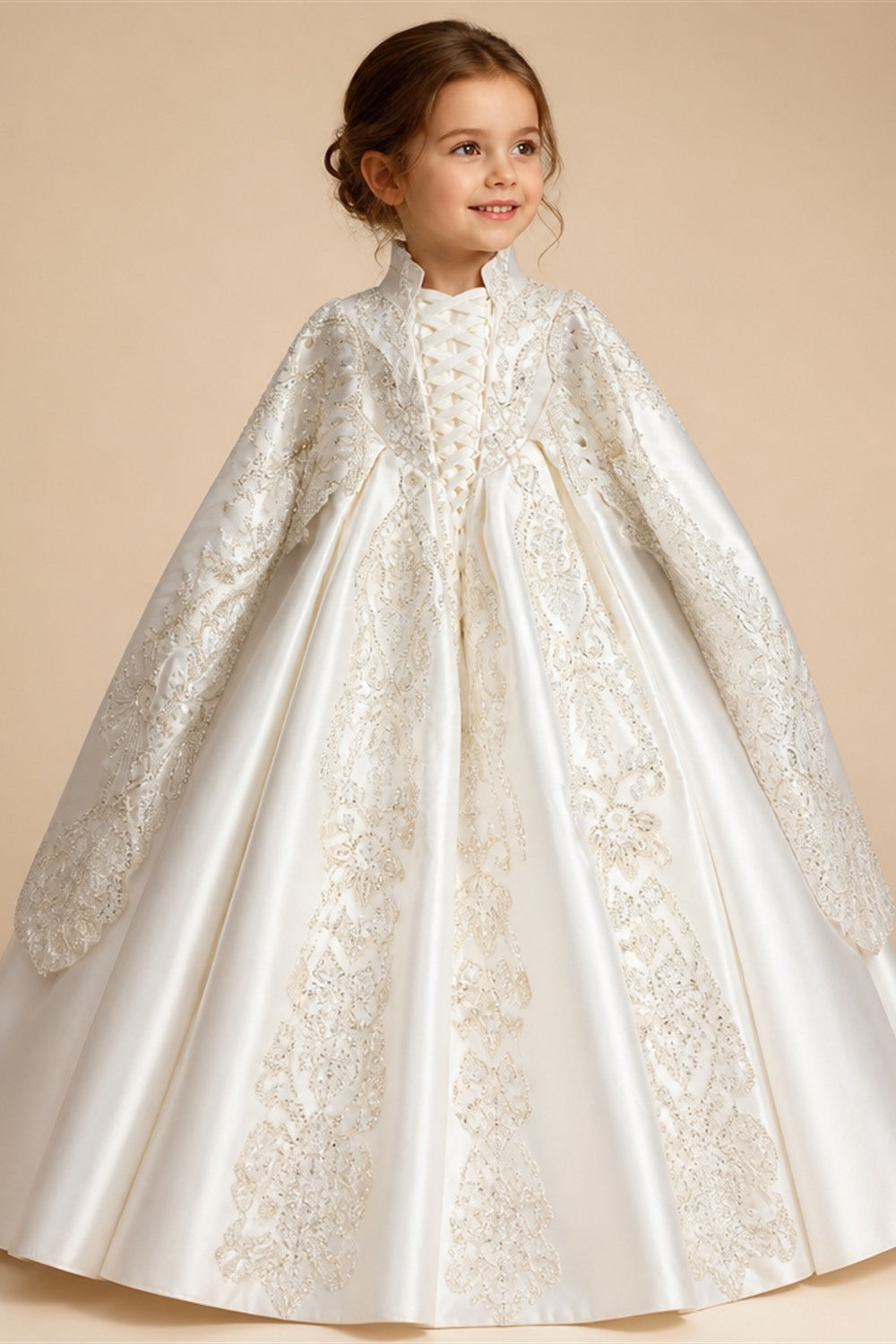White Satin Strapless Ball Gown Wedding Dress with Luxurious Beaded Lace and Cathedral Train ZP016