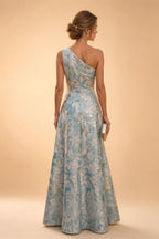 A-Line Metallic Satin Off Shoulder Bow Mother of the Bride & Groom Dresses with Floral Lace Appliques, Ruched Waist & Sweep Train (SHI22500425)