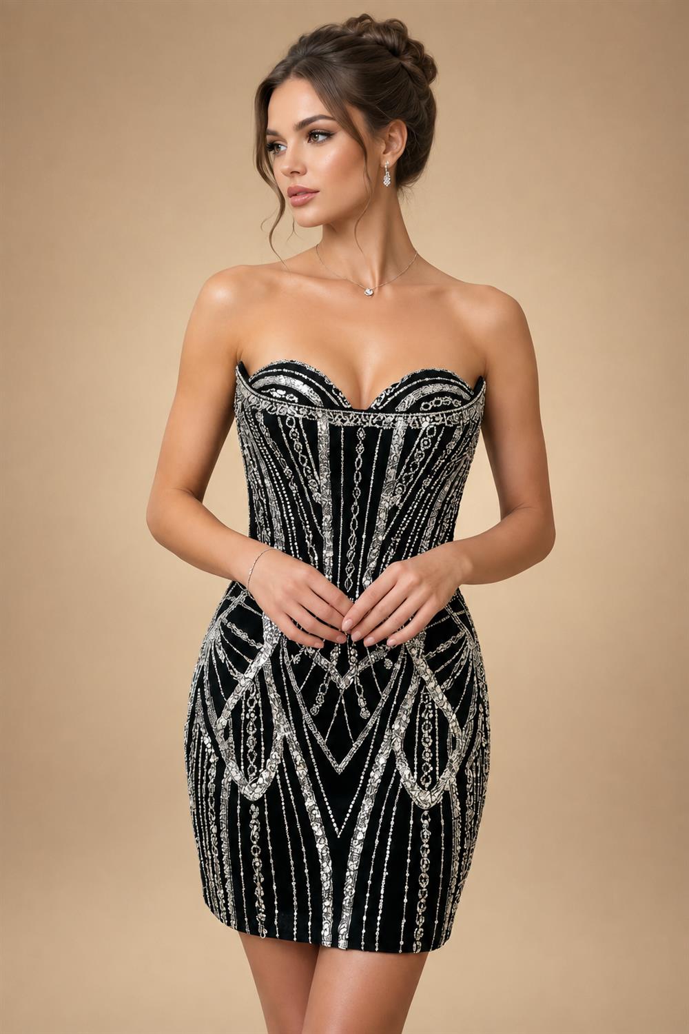 Sequin Bodycon Strapless Short Homecoming Dresses with Corset & Ruched Waist (SHI24200411)