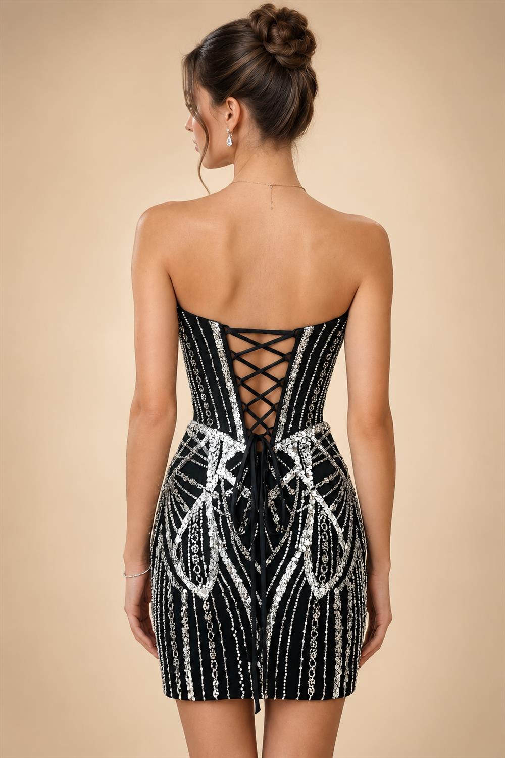 Sequin Bodycon Strapless Short Homecoming Dresses with Corset & Ruched Waist (SHI24200411)