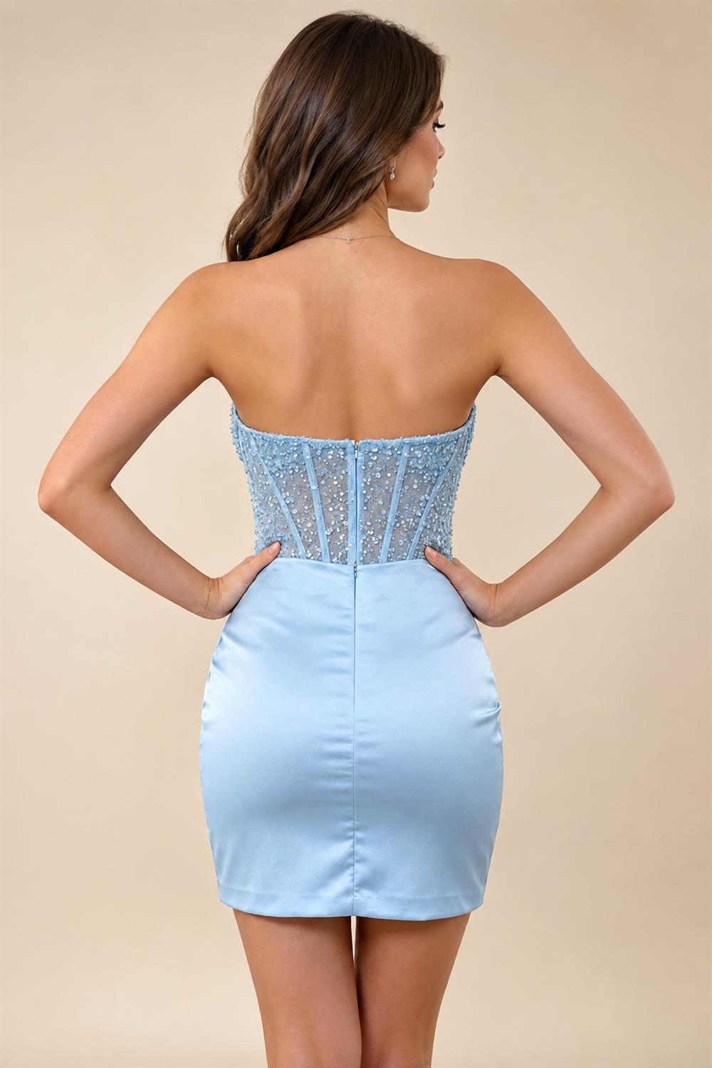 Satin Bodycon Strapless Short Homecoming Dresses with Corset Bodice & Sash (SHI22370318)