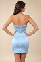 Satin Bodycon Strapless Short Homecoming Dresses with Corset Bodice & Sash (SHI22370318)