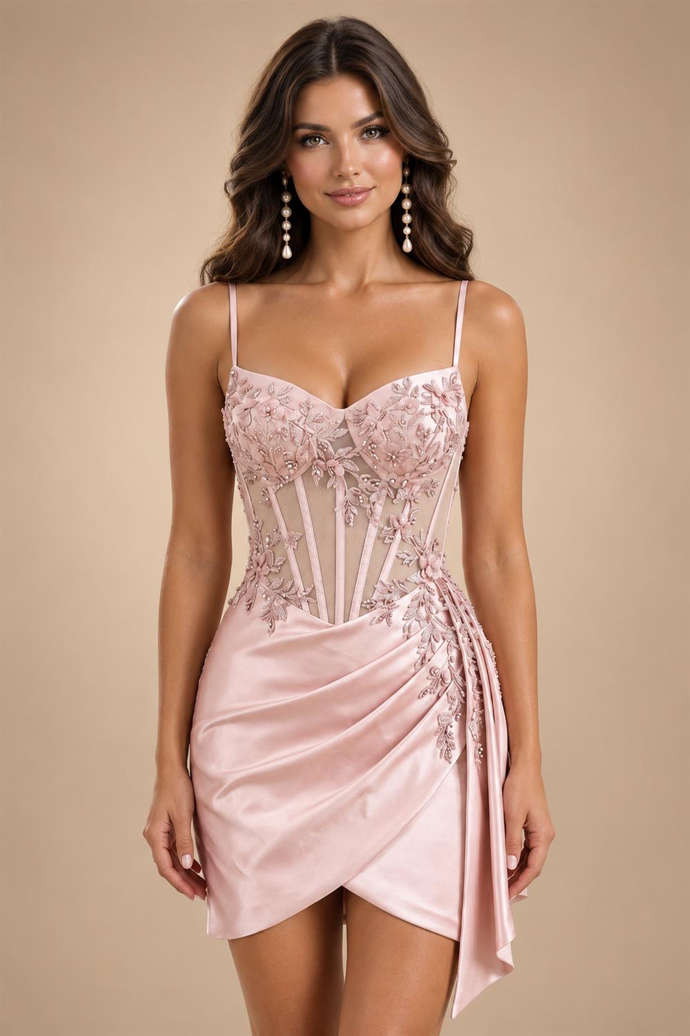Satin Bodycon Spaghetti Straps Short Homecoming Dresses with Ruched Bodice (SHI22370321)