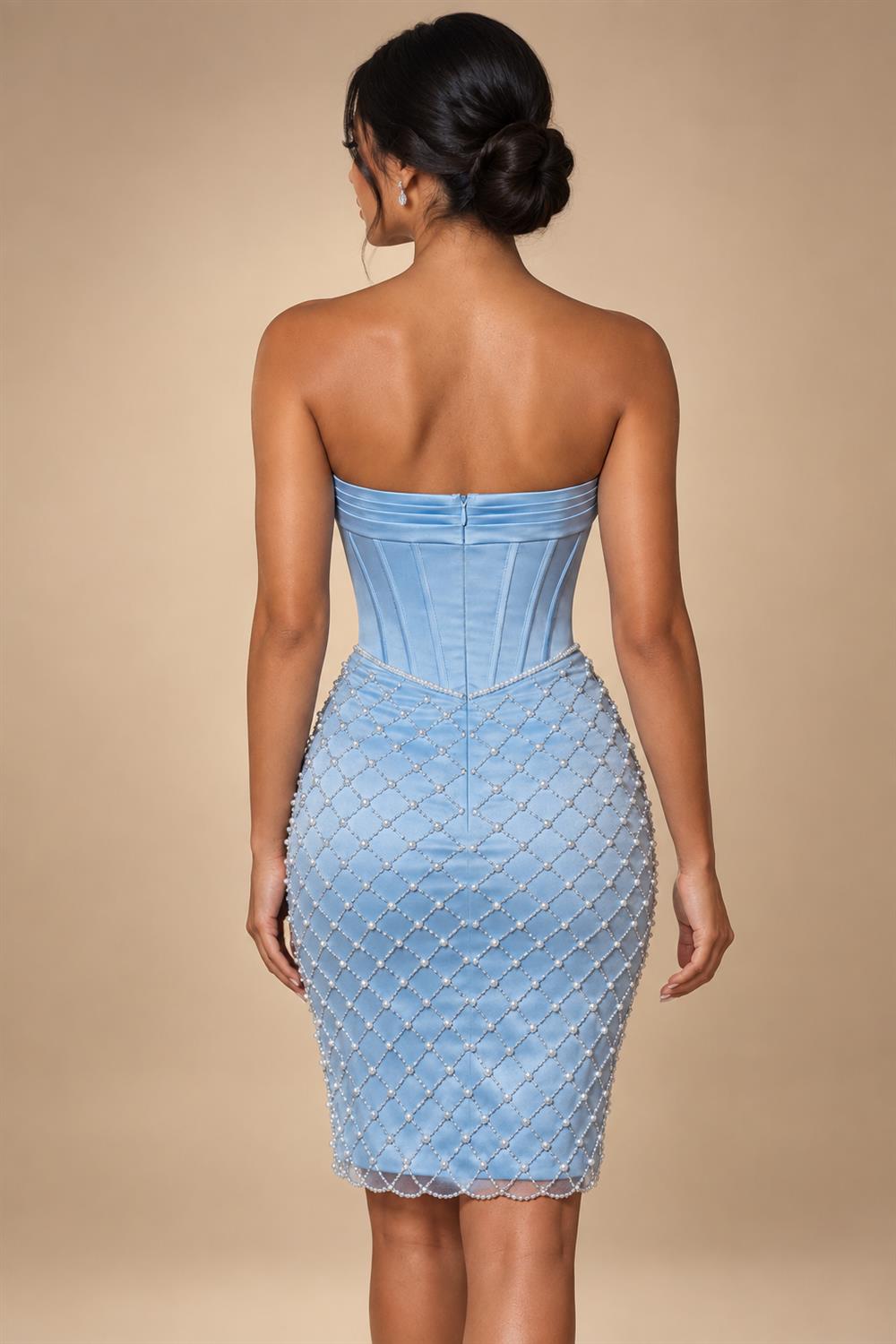 Satin Bodycon Strapless Short Homecoming Dresses with Corset Bodice & Sash (SHI22370318)