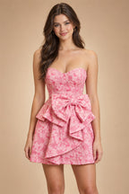 Jacquard A-Line/Princess Strapless Short Homecoming Dresses with Bow & Pearls (SHI22370324)