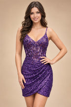 Sequin Bodycon Spaghetti Straps Short Homecoming Dresses with Ruched Bodice (SHI22370098)