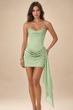 Satin Bodycon Strapless Short Homecoming Dresses with Corset Bodice & Sash (SHI22370318)