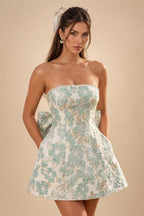 Jacquard A-Line/Princess Strapless Mini Homecoming Dresses with Bow & Pearls (SHI22370329)